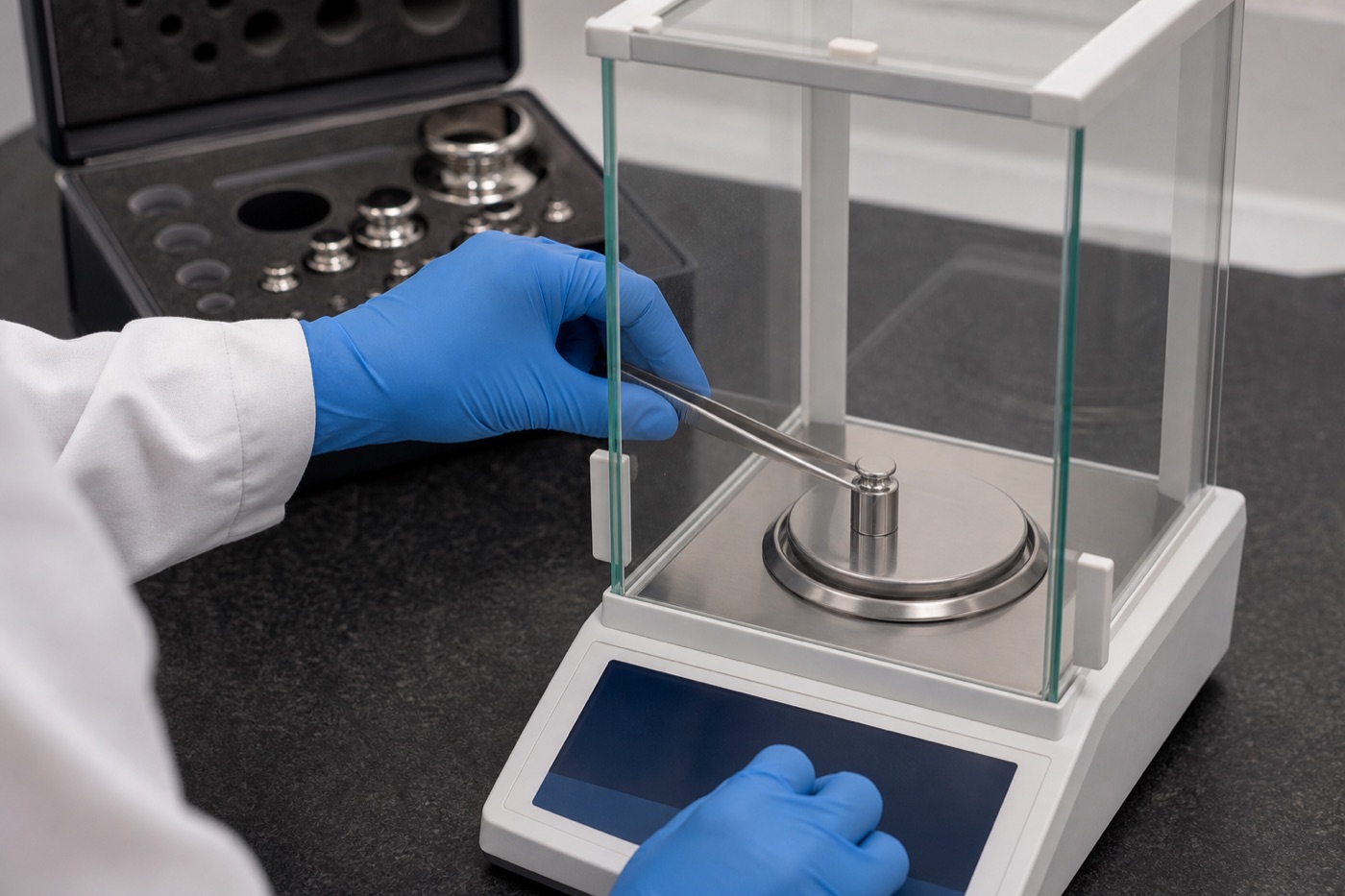 Colocación de una masa patrón para calibrar una balanza de laboratorio