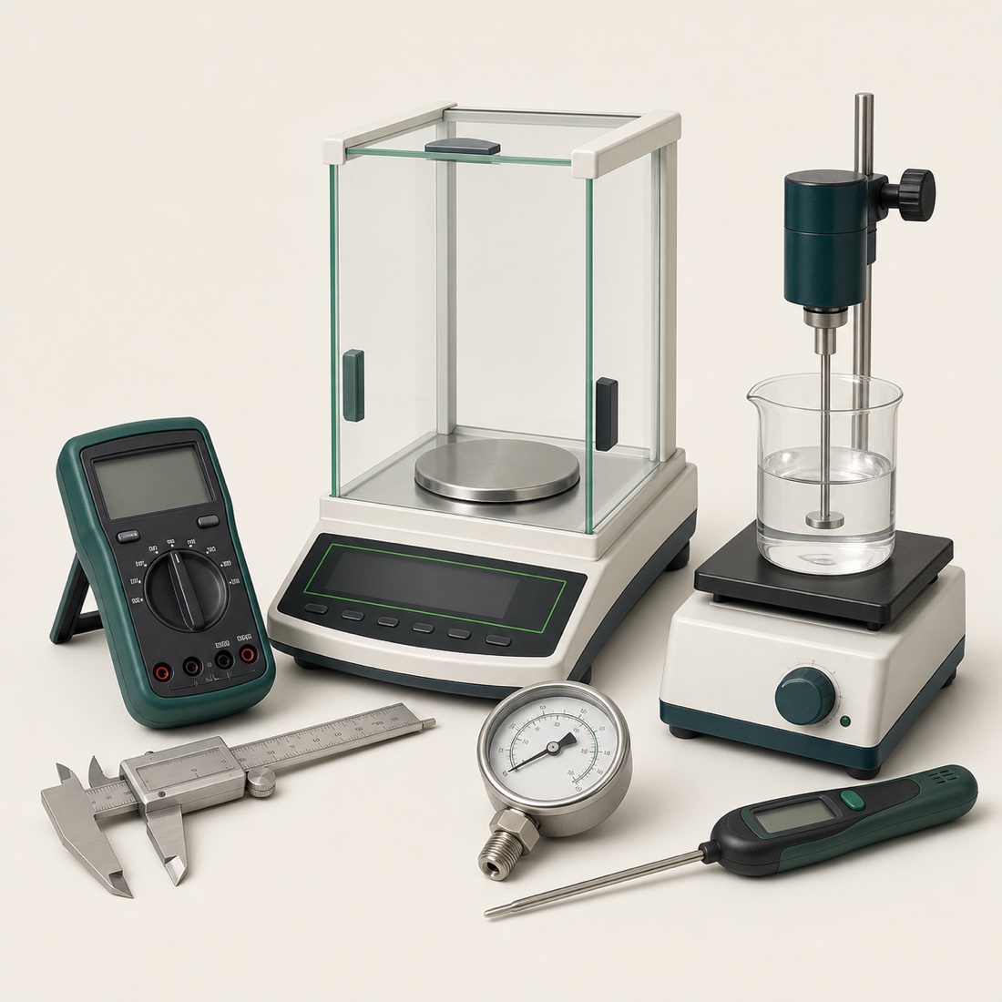 Collage de equipos de medición y laboratorio