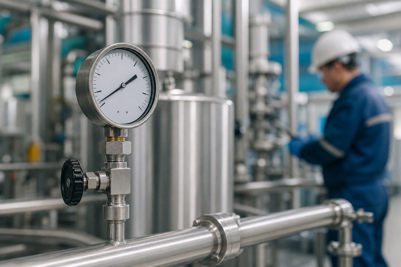 Manómetro instalado en una línea de proceso industrial