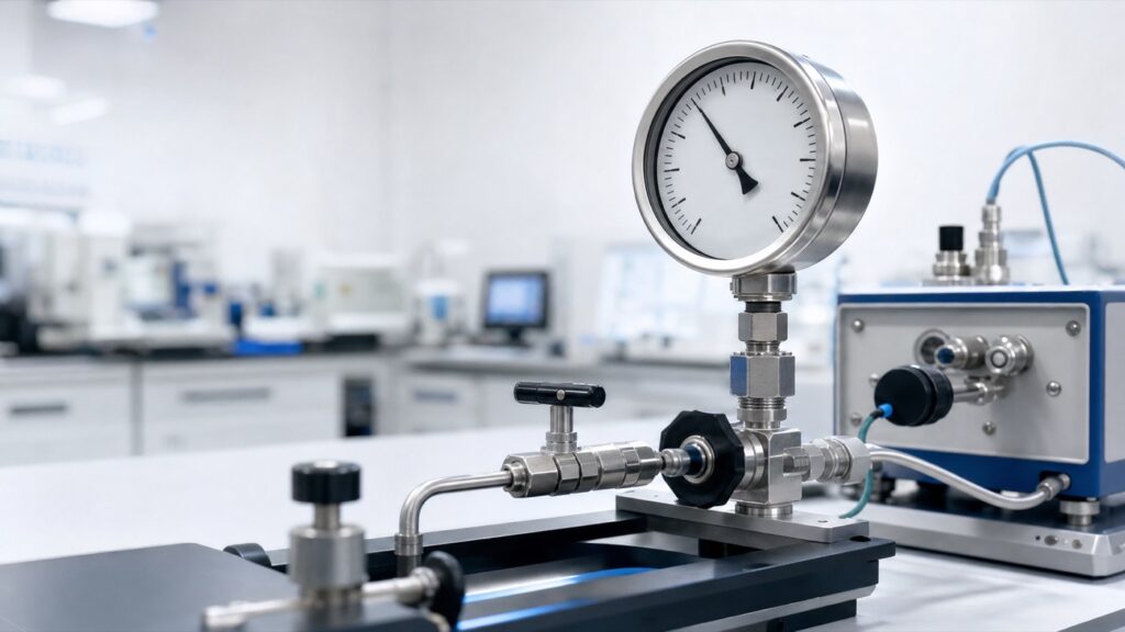 Calibración de manómetro analógico con comparador de presión en laboratorio