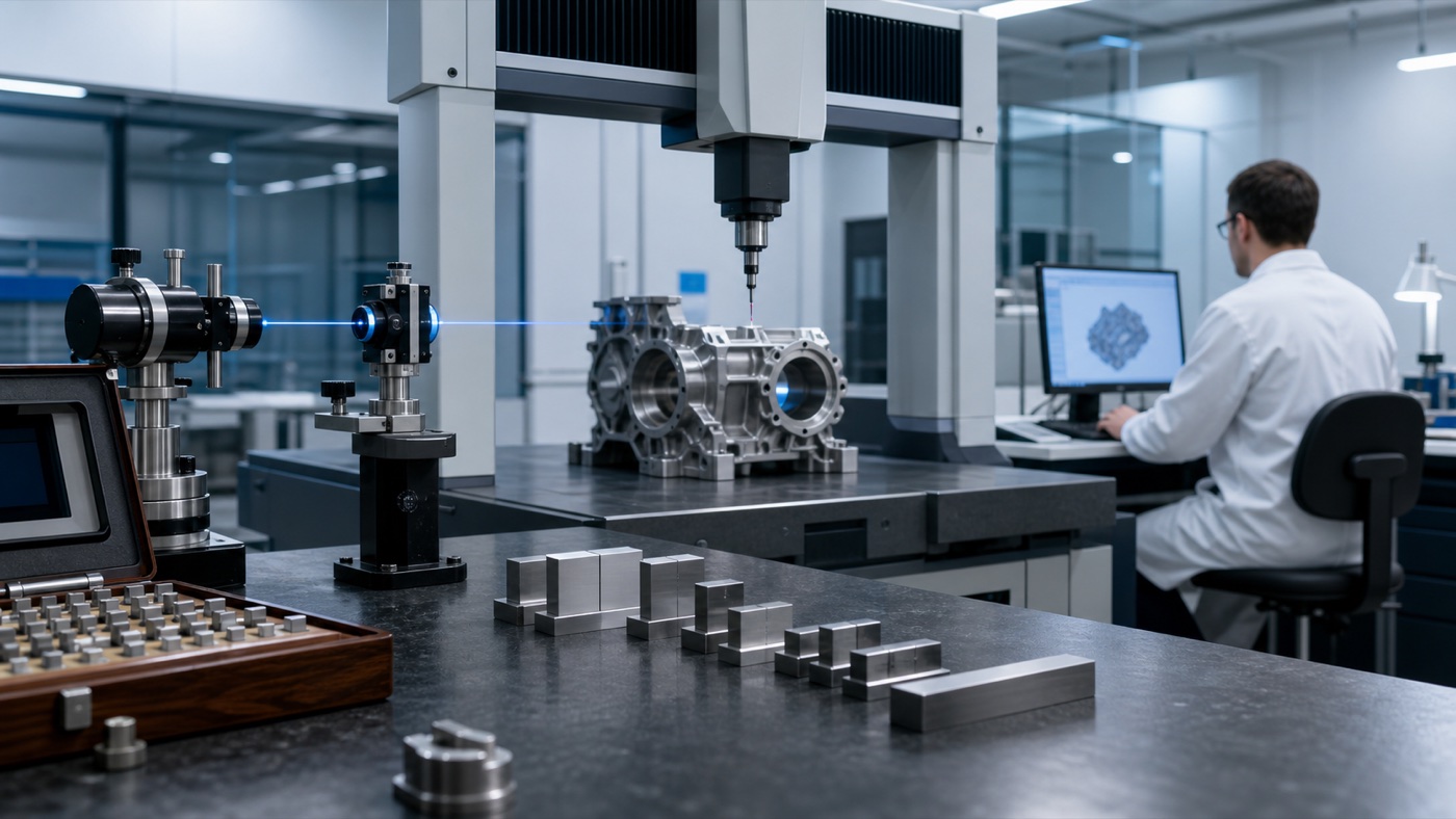 Laboratorio moderno de metrología con máquina CMM, láser y bloques patrón